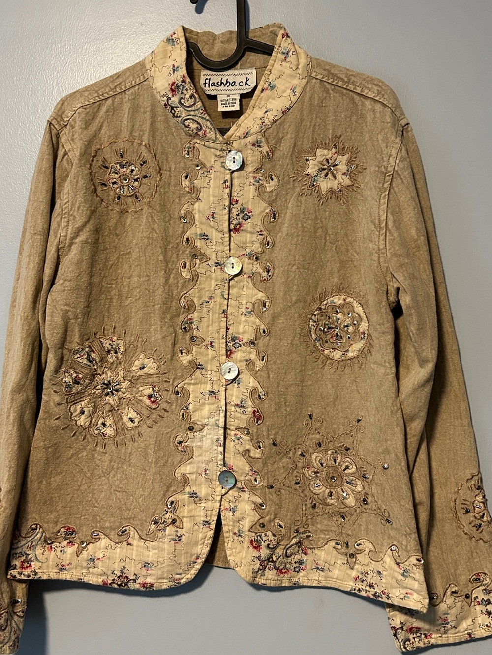 Embroidered Tan Floral-Trim Jacket